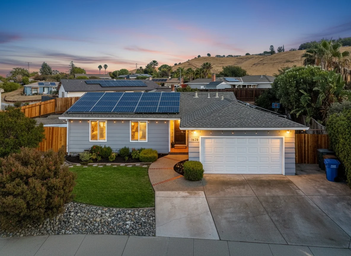 Home with solar panels and illuminated windows against rolling hills at dusk