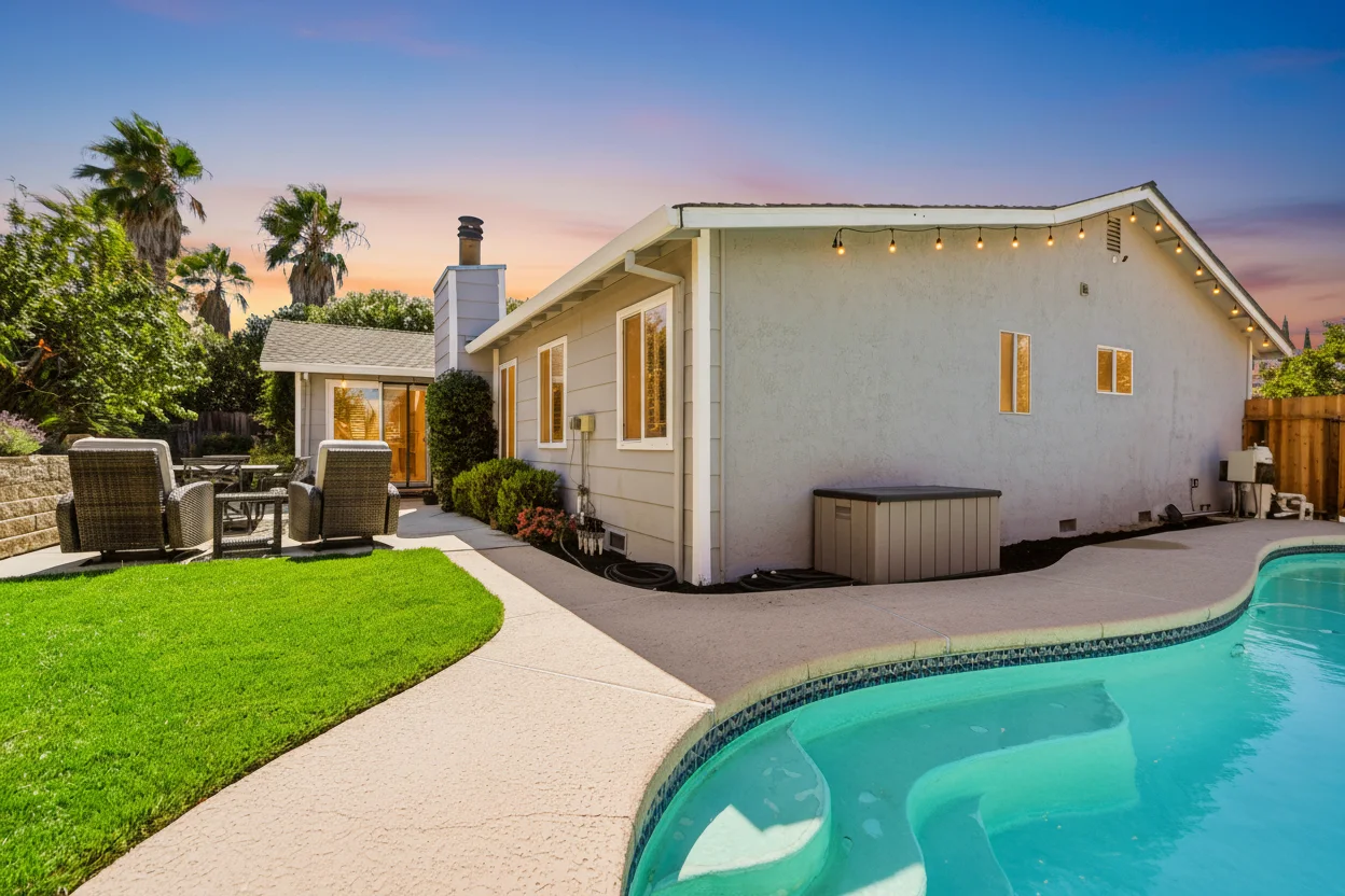 Backyard swimming pool beside a warmly lit home at sunset